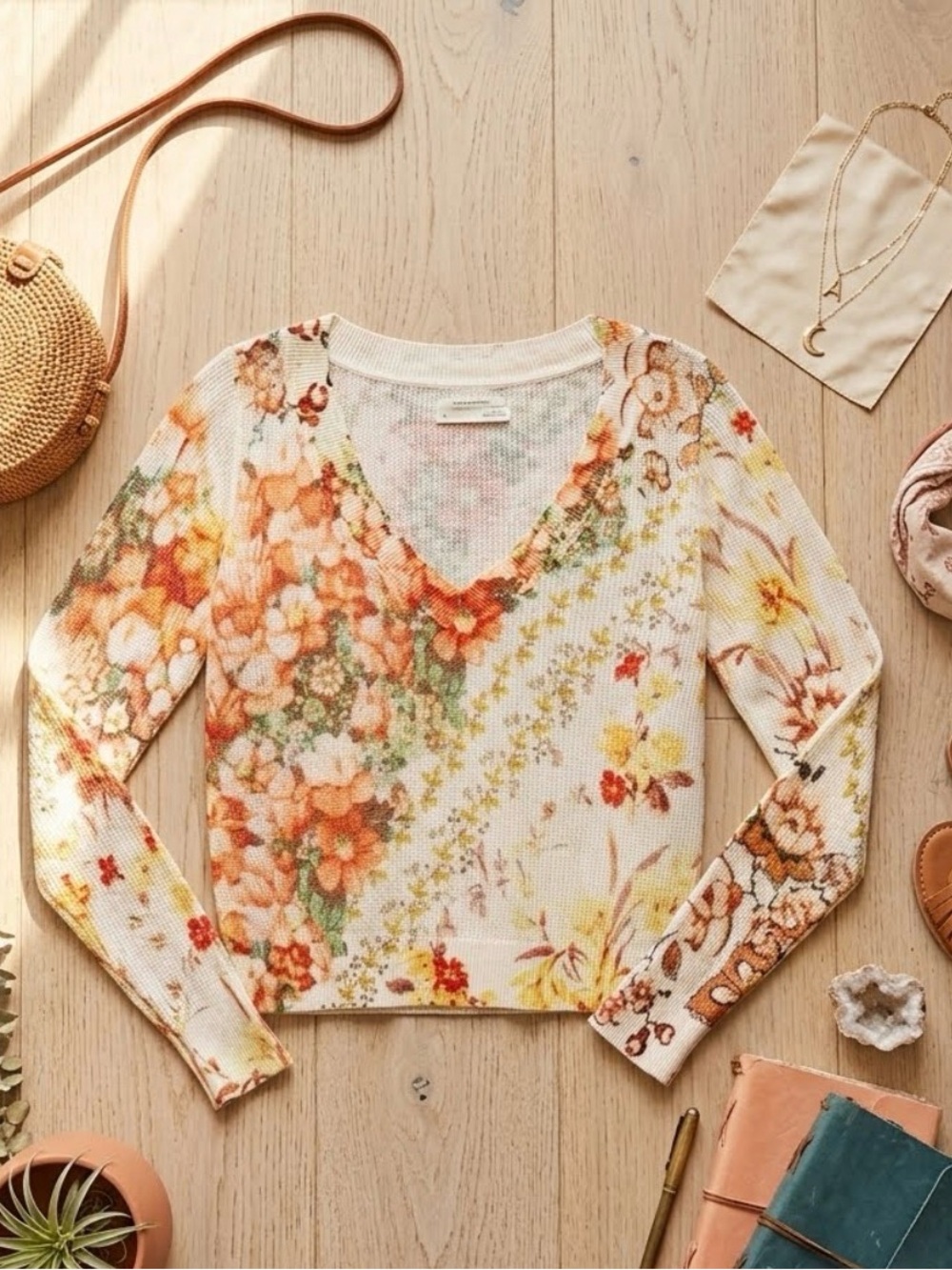 Anthropologie The Dreamer Floral V-Neck Sweater Womens Linen Blend Boho XS Fairy
